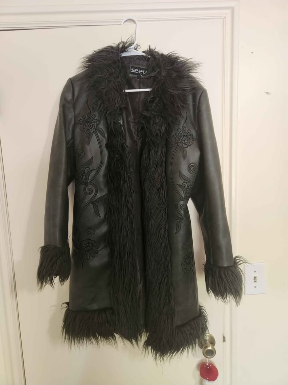 Seeu Black Faux Fur Trim Leather-Style Coat
